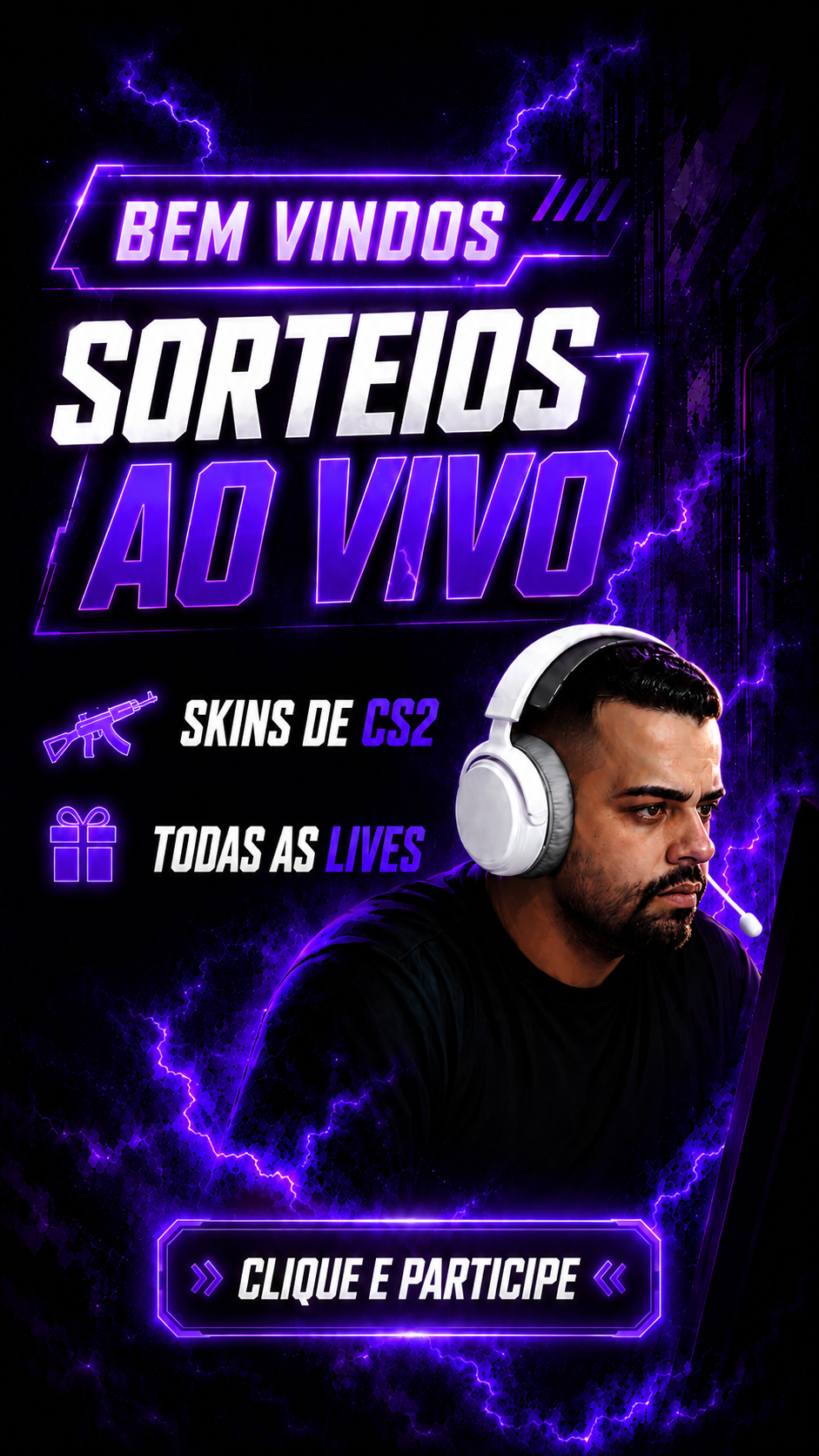 Arte de boas-vindas GBR777fps em roxo com jogador usando headset