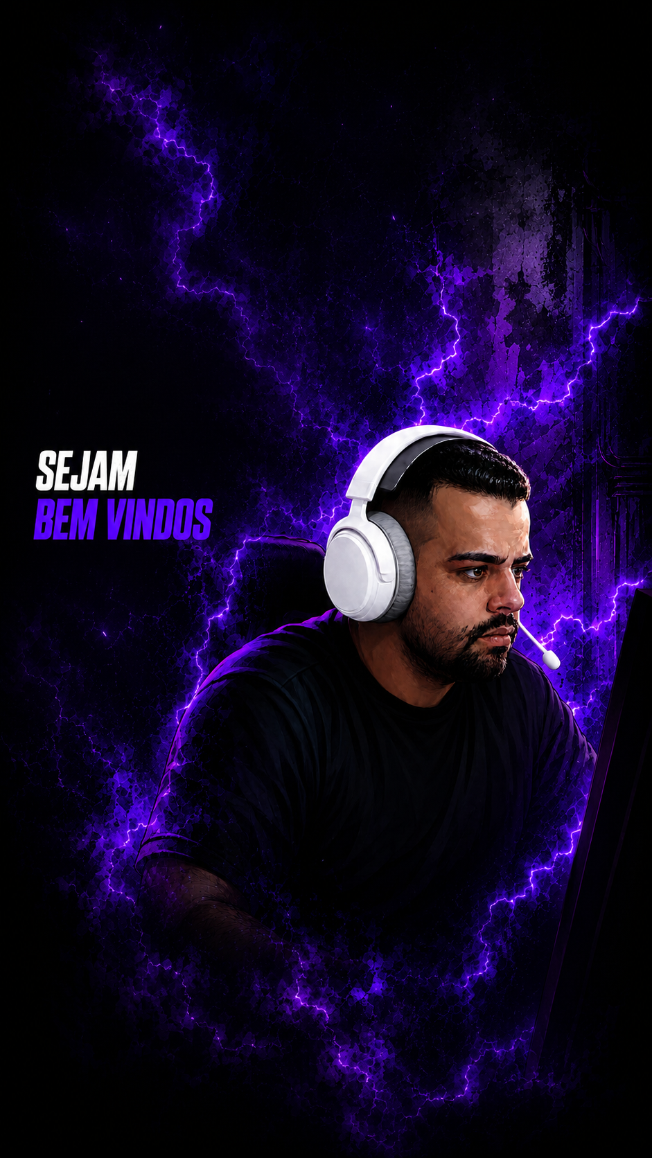 Arte de boas-vindas GBR777fps em roxo com jogador usando headset